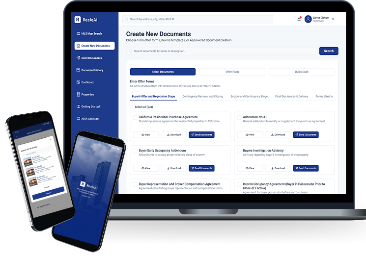 RealeAI on laptop and mobile: documents, MLS search, and agent workspace
